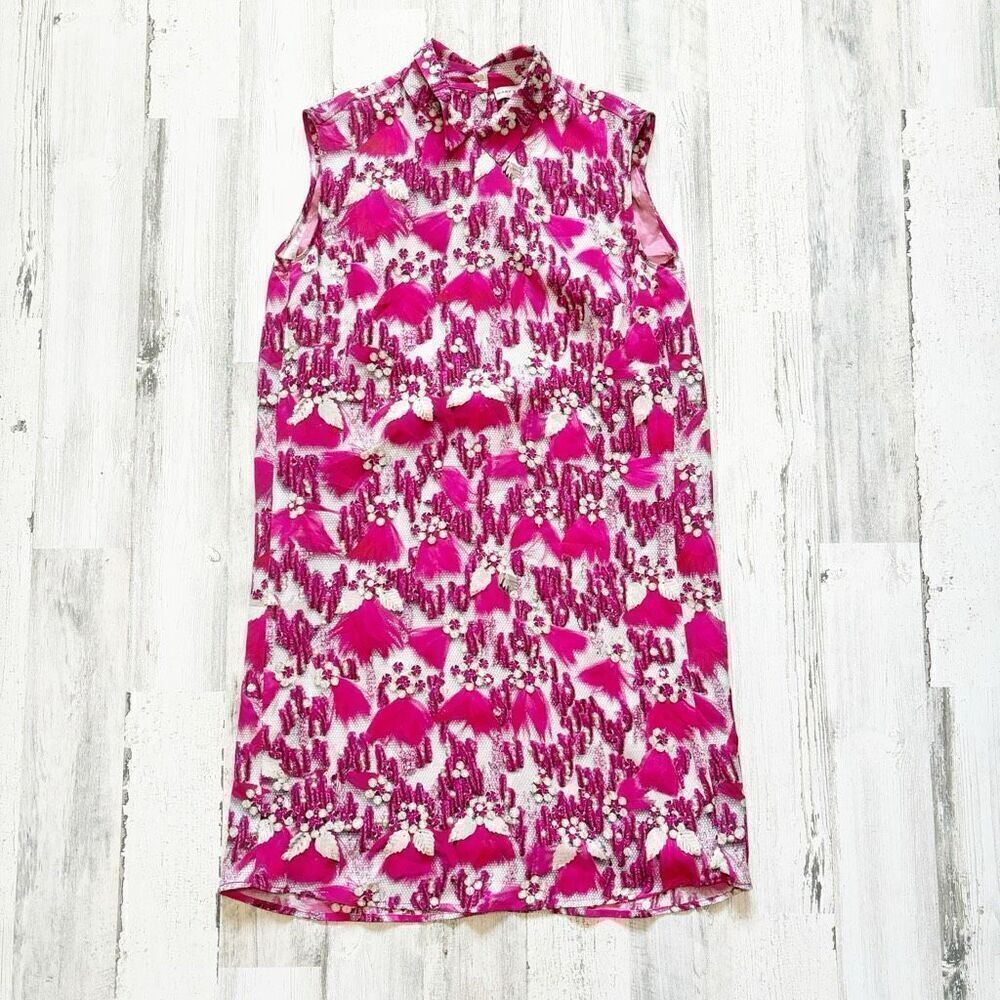 Mary Katrantzou Fuchsia Pink Bejeweled Feather Printed Silk Satin Evening Dress